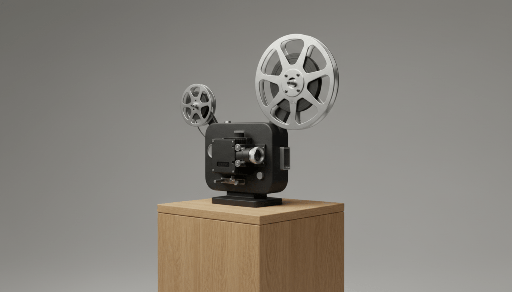 A sleek, matte black film projector with brushed aluminum reels and precision detailing sits atop a minimalist wooden pedestal against a neutral grey backdrop. The scene is illuminated by diffused softbox lighting, creating balanced highlights and gentle shadows that emphasize the crisp edges and refined texture of the projector. The structured composition employs eye-level perspective and rule of thirds framing, conveying a professional and organized atmosphere. The background remains softly out of focus, accentuating the main subject. The overall mood is clean and authoritative, perfectly suiting the business-centric, corporate aesthetic of a cinematic club seeking to bridge the regional gap in film appreciation.